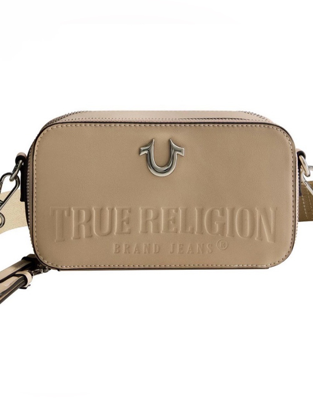 True Religion Taupe Embossed Logo Crossbody Bag-